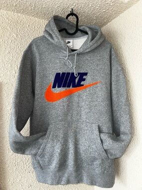 Nike Men’s Gray Crewneck Hoodie with Orange Swoosh and Navy Logo